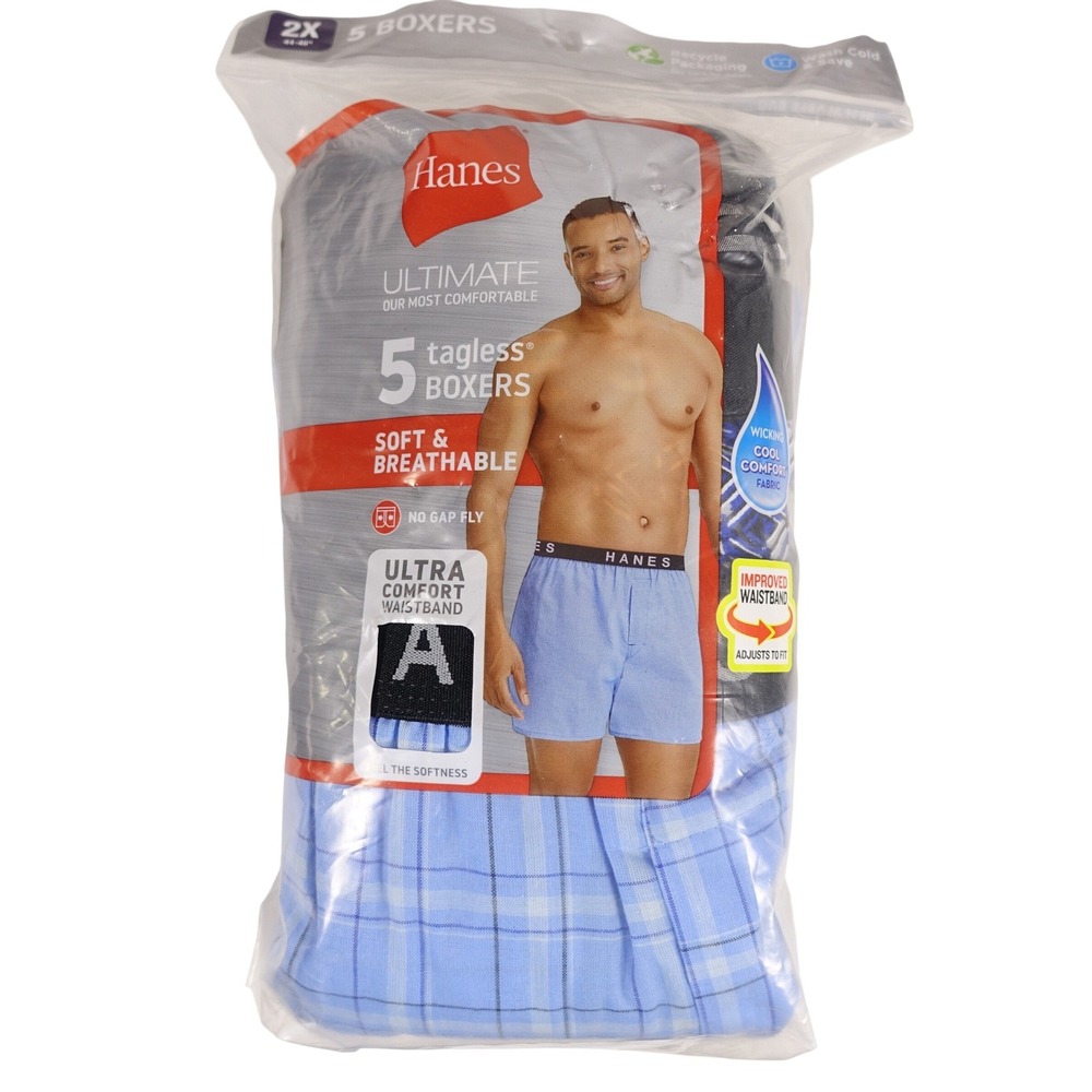 Hanes Ultimate Mens 5 Pack Tagless Boxers 2XB Blue Black Plaid 798BP5 New
